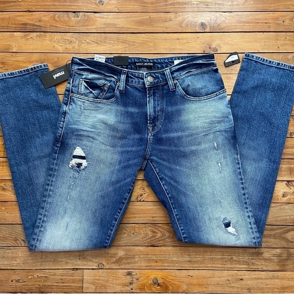 Mavi Jake mens blue jeans 32/34 slim leg distressed ripped denim - Picture 12 of 12